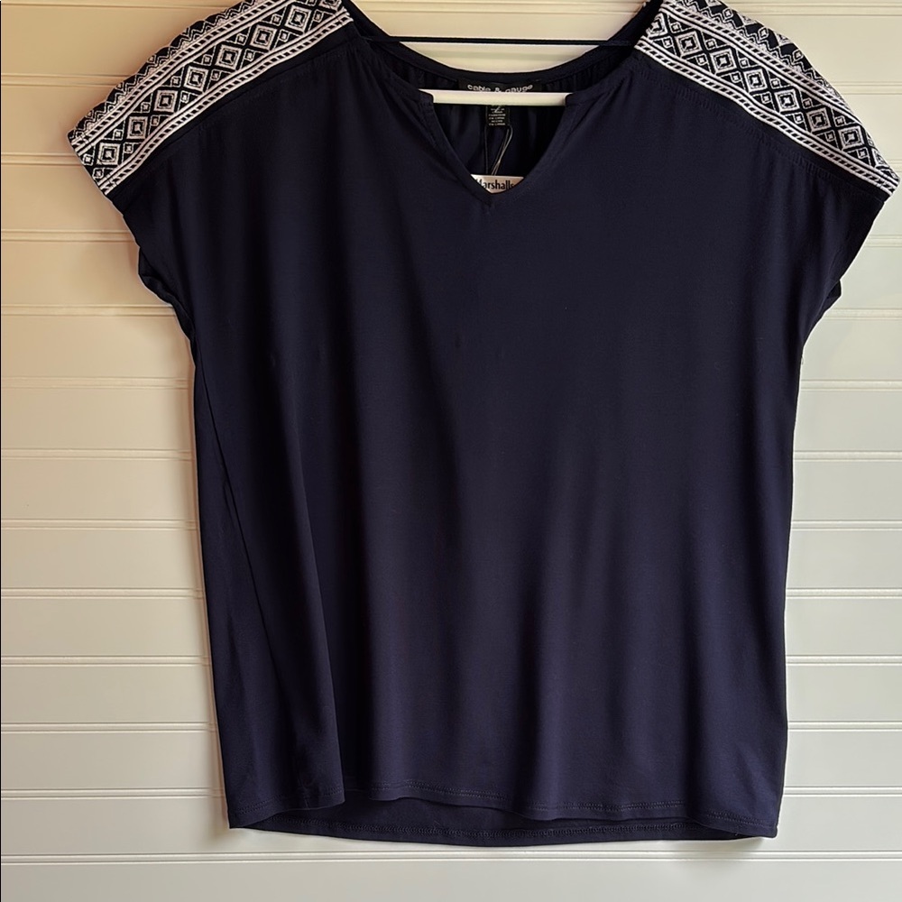 Cable & Gauge Navy Blouse with Patterned Shoulders